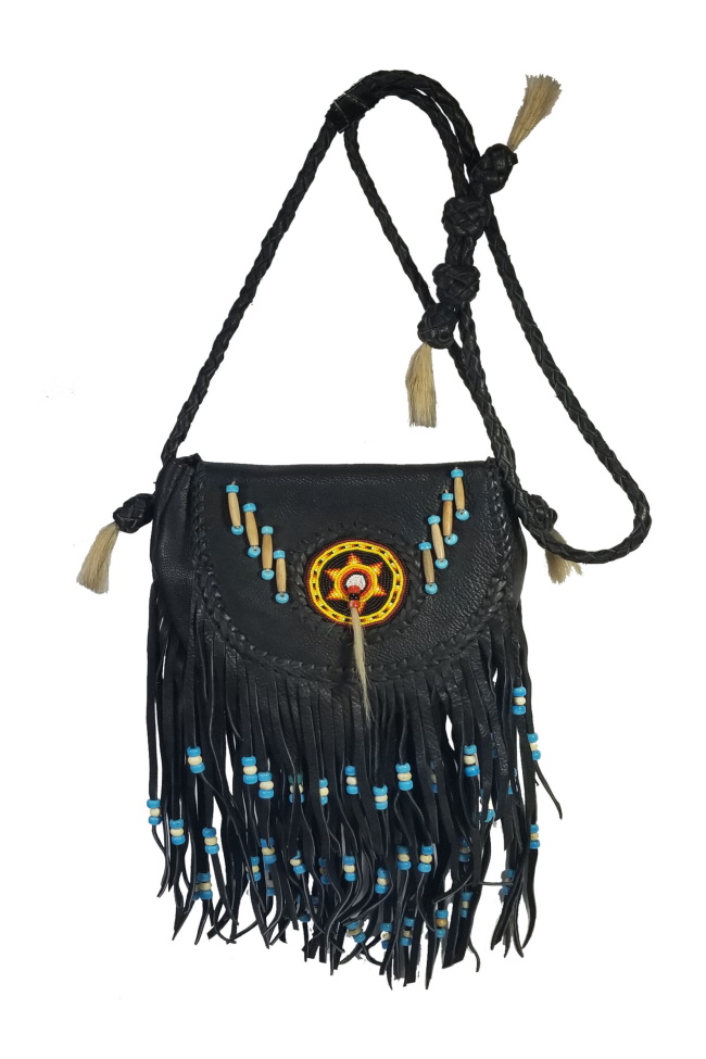 (image for) Bone Piping Glass Beaded Rossette Fringe Leather Shoulder Bag